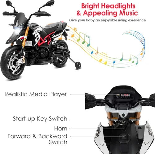 Vista 4 de OLAKIDS Aprilia - Motocicleta de 12 V para niños, motor eléctrico con licencia de Aprilia con ruedas de entrenamiento, suspensión de resorte