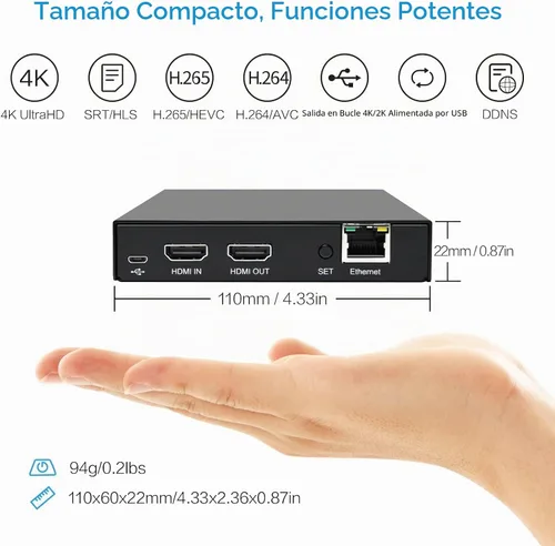 Vista 2 de DDMALL Codificador de video HDMI para transmisión en vivo, H.264 H.265, bucle local 4K 60Hz en tiempo real, compatible con SRT HLS RTSP RTMP RTMPS