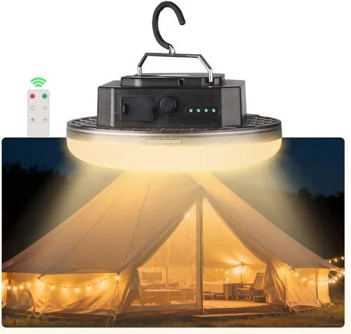 Vista 8 de Linterna LED recargable para campamento: luz de tienda de campaña con 3 modos y atenuación continua, carga rápida USB-C, IPX5 impermeable, gancho