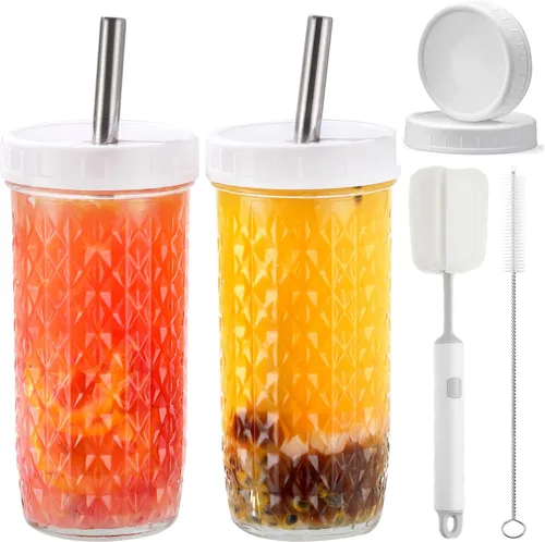 Vista 10 de Juego de 2 vasos de vidrio - Vasos para beber tipo Mason Jar de 24 oz con tapas de bambú y pajitas y 2 tapas herméticas, lindo vaso reutilizable