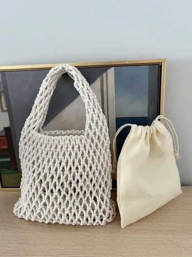 Vista 7 de Hixixi Mini bolso de mano de pesca con red de pesca, cuerda de algodón, cordón de ganchillo, bolsa de playa tejida para mujeres y niñas