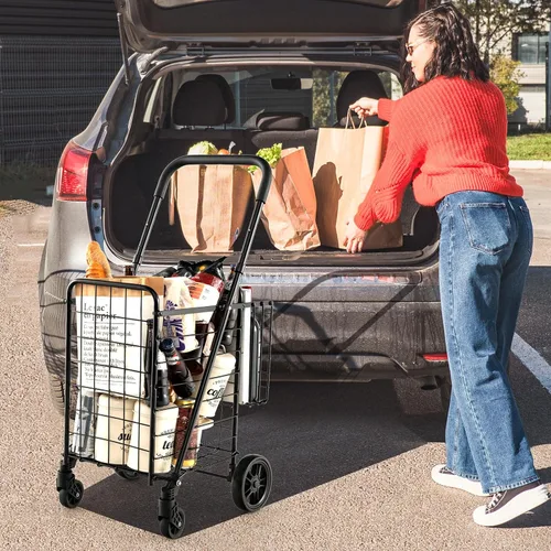 Vista 2 de Goplus Carrito Plegable de Compras de Utilidad, Cesta Doble y Ruedas Giratorias de 360°, Mango Ajustable, Carrito Pequeño Perfecto para Comestibles