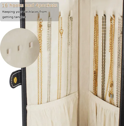 Vista 8 de AKOZLIN Enorme joyero organizador funcional extra grande de cuero para mujeres y niñas, anillo collar, aretes, pulsera, organizador con espejo, negro