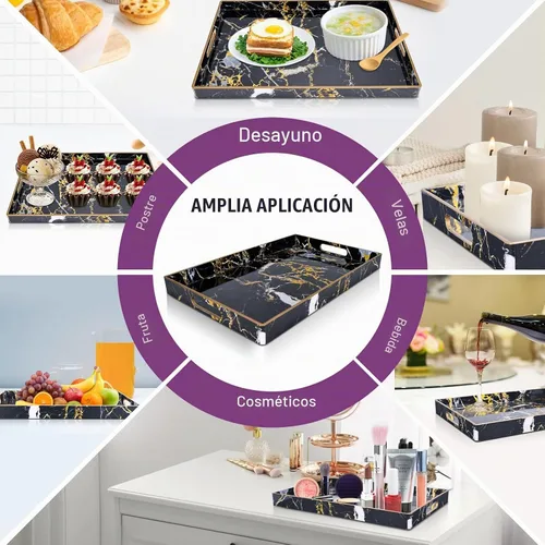 Vista 6 de Gifturbo - Bandeja de servir negra, bandejas de servir decorativas de mármol con asas, bandejas rectangulares de plástico para mesa de café otomanas