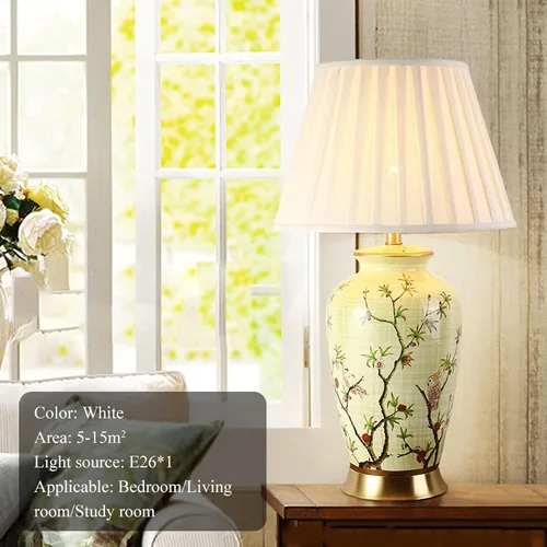 Vista 4 de Lámpara de mesa de cerámica con diseño de flores y pájaros, 27 chinoiserie, lámpara de mesa clásica para mesita de noche, mesita de noche