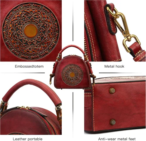 Vista 6 de Bolsos de bolsillo de cuero genuino Zhuoliang para mujer, bolso satchel con asa superior organizador retro, bolso totem de cuero para señoras