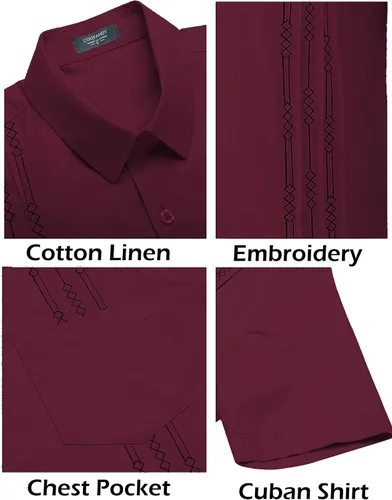 Vista 5 de COOFANDY Camisa guayabera cubana de algodón y lino para hombre, casual, manga corta, con botones, para verano y playa