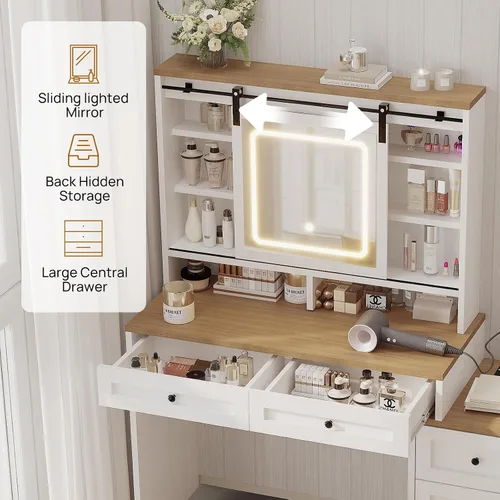 Vista 3 de Escritorio de maquillaje de granja de 56 pulgadas con espejo deslizante y luces, color blanco Rustic Dressing Table with Charging Station Power