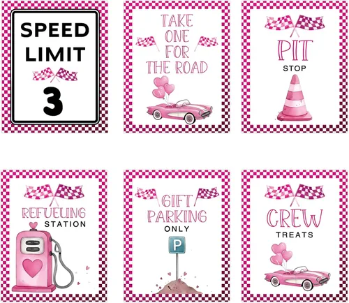 Vista 6 de Letreros de fiesta de primer cumpleaños de coche de carreras rosa, límite de velocidad, decoraciones de cumpleaños para niña, decoración rápida