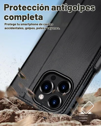 Vista 6 de OCASE Funda compatible con iPhone 15 Pro Max, funda tipo cartera de piel Negro