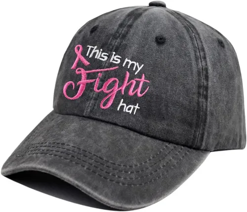 Vista 2 de This is My Fight Hat, gorra de béisbol bordada ajustable con cinta rosa para cáncer de mama