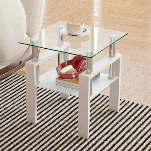 Vista 13 de Mesa auxiliar moderna de vidrio templado, mesa de centro cuadrada para sala de estar, mesa de té de cristal, mesa auxiliar de sofá (negro, 1 unidad)