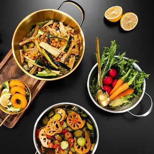 Vista 4 de Ensaladera redonda dorada de 6.7 pulgadas con asa para mezclar alimentos, pasta, salsas de frutas