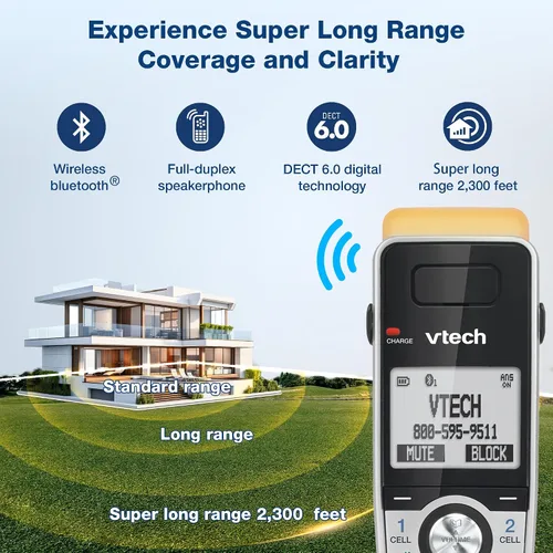 Vista 4 de VTech IS8151 - Teléfono inalámbrico DECT 6.0 de alcance superlargo para el hogar con contestador automático, alcance de hasta 2300 pies, bloqueo