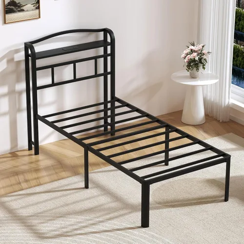 Vista 5 de SHOANED Base de cama de metal de 18 pulgadas, base de colchón básica de plataforma resistente de color negro con cabecera y estación de carga,