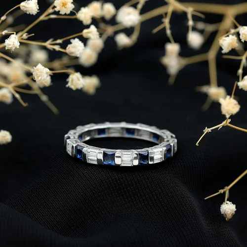 Vista 3 de Certified Lab Grown Blue Sapphire Eternity Band, AAAA Quality, Sapphire Moissanite Anniversary Ring - Ready To Gift