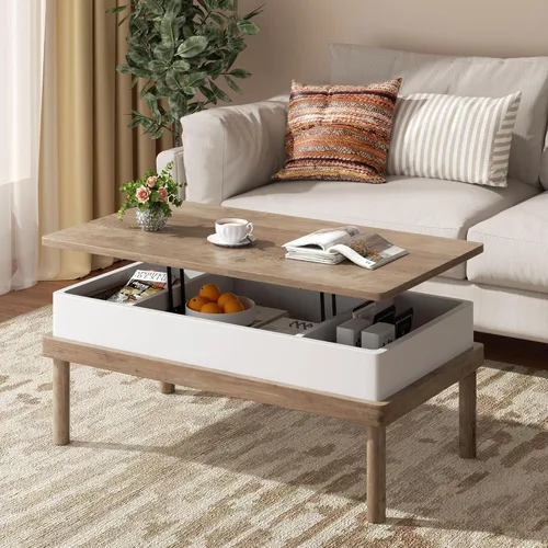 Vista 2 de Shintenchi Mesa auxiliar, mesa de centro elevable con compartimento oculto, mesa de comedor de mesa elevada, mesa central elevadora para sala