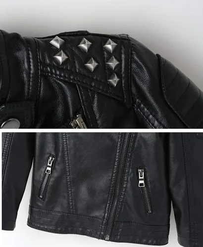 Vista 4 de TLAENSON Chaqueta de cuero negro para niños con tachuelas de cuero sintético para motocicleta Negro