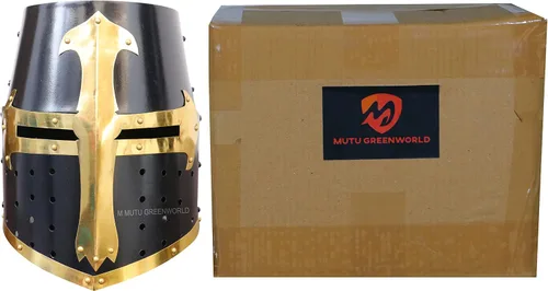 Vista 6 de MUTU GREENWORLD SHEL03 Casco medieval de caballero de los cruzados templarios réplica de armadura negra y dorada para cosplay, Halloween, LARP