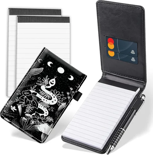 Vista 17 de Juego de 4 mini bloc de notas de bolsillo, diseño de corazón de dinosaurio, funda de piel sintética, soporte para notas con 2 ranuras para tarjetas