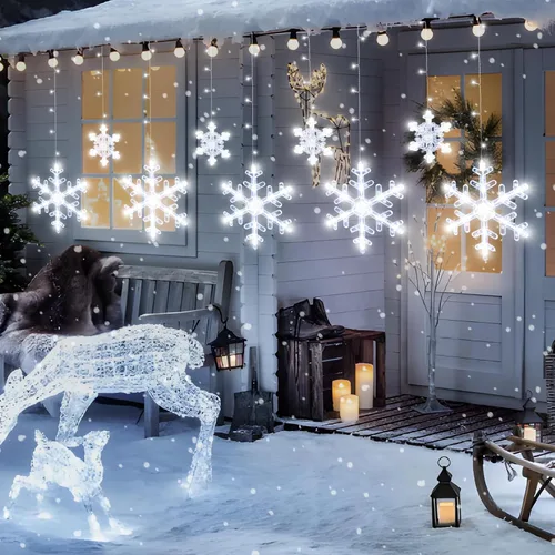 Vista 2 de LYUBASA Luces de copo de nieve de Navidad para decoración, 1.6 m, control remoto y temporizador, 8 modos de luz con alimentación por batería, 112