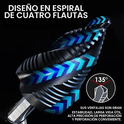 Vista 2 de Matework Broca Escalonada de Cobalto M35, Broca Escalonada Unibit de Cuatro Flautas Espirales (3/16"-1-3/8") Resistente al Desgaste