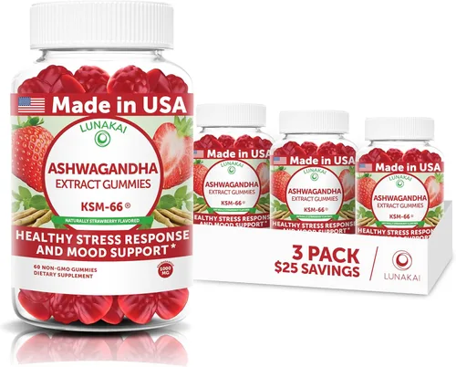 Vista 10 de Lunakai Gomitas Ashwagandha KSM-66 fabricadas en Estados Unidos para mujeres y hombres - Suplemento vegano diario para el estrés, el estado de ánimo