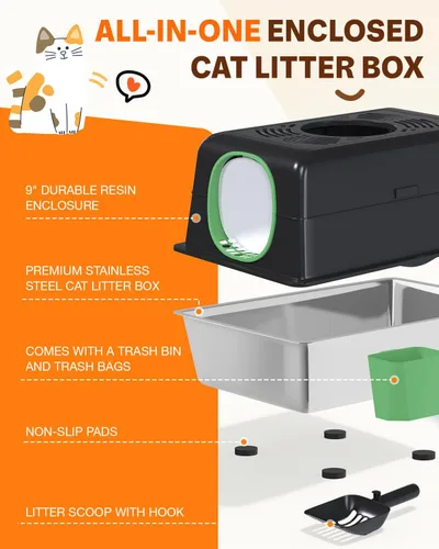 Vista 3 de Caja de arena XL de acero inoxidable para gatos con tapa, diseño cerrado de entrada superior, caja de arena grande de metal para gatos equipada
