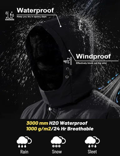 Vista 2 de MAGCOMSEN - Abrigos de invierno para hombre, impermeables, con forro polar, parka, con capucha, para esquiar, senderismo, trabajo Negro