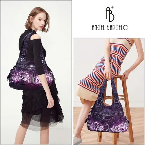 Vista 207 de Angel Barcelo - Bolsa de hombro amplia para mujer, diseño Hobo, cuero lavado