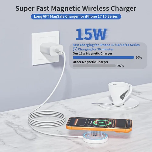 Vista 2 de Cargador inalámbrico magnético para iPhone, [certificado Apple MFi] Cable de carga Apple Mag-Safe de 6 pies, almohadilla de carga inalámbrica