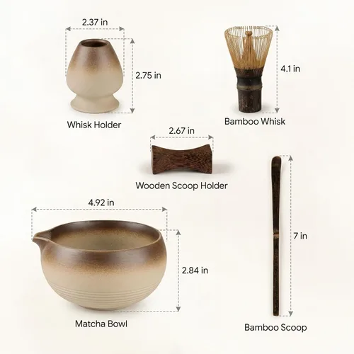 Vista 2 de Juego de batidor de matcha, kit de 5 piezas con cuenco de cerámica matcha, batidor de bambú, cuchara, juego completo de té Matcha perfecto
