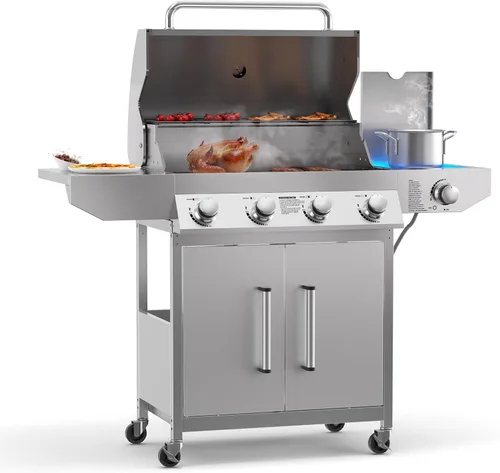 Vista 11 de Parrilla de gas propano, parrilla de barbacoa de acero inoxidable 4+1 con quemador lateral infrarrojo para cocinar al aire libre, color negro