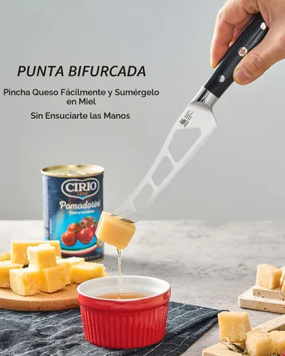 Vista 5 de KYOKU Cuchillo de queso dentado de 5 pulgadas, cortador de queso serie Samurai con mango de madera de Pakkawood de hoja hueca, cuchillo alemán