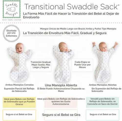 Vista 3 de SwaddleDesigns - Saco de transición para envolver con brazos hasta media Flechas minúsculas negras