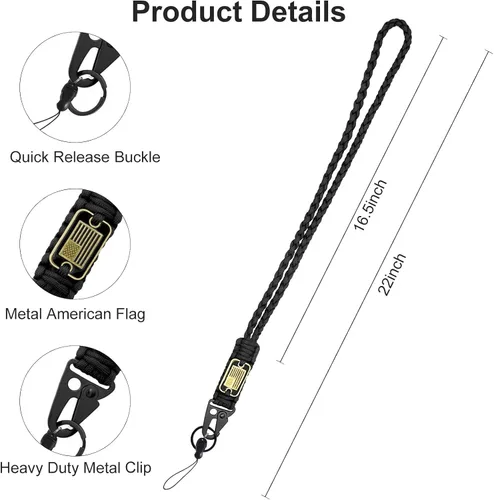 Vista 3 de 2 piezas de cordón elegante y duradero para llaves - Cordón de cuello resistente de paracord con diseño de bandera de EE. UU. para billeteras