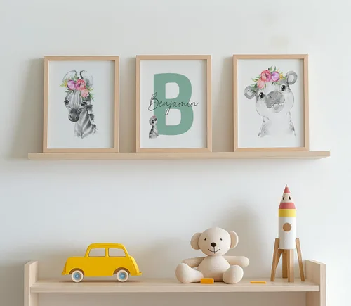 Vista 8 de Juego de arte de pared personalizado de safari para guardería, impresiones de animales de la selva con nombre personalizado, imágenes de decoración
