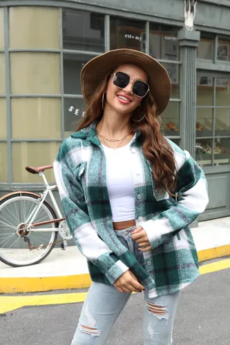 Vista 3 de Chaqueta casual para mujer mezcla de franela y lana a cuadros con manga larga botones y solapas estilo camisa abrigo de estilo informal y holgado