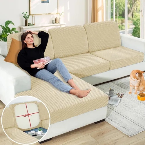Vista 70 de YEMYHOM Funda de cojín para sofá, funda de cojín de asiento de alta elasticidad, tela jacquard geométrica de felpa, protector de sofá antideslizante