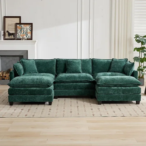 Vista 99 de Sofá seccional modular verde de 111.5", sofás seccionales grandes de 3 plazas para sala de estar, sofá nube oversized de tela chenille con otomana