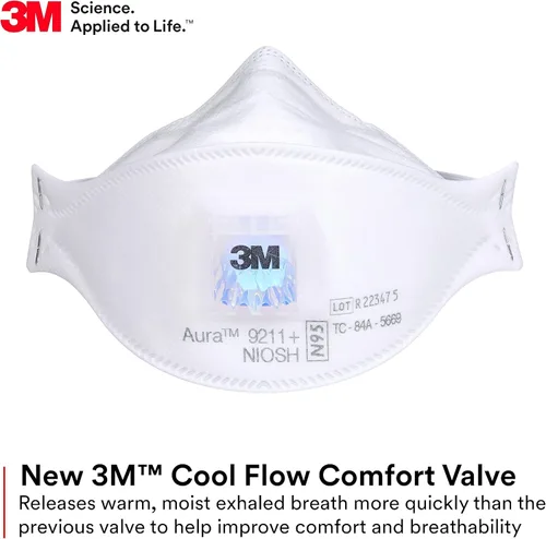 Vista 4 de 3M Aura - Respirador de partículas 9211+, N95, paquete de 10 respiradores desechables, envueltos individualmente, válvula de flujo frío, diseño