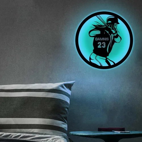 Vista 6 de Letrero de metal personalizado para jugador de sóftbol con luz LED, nombre y número personalizado, arte de pared de sóftbol, letrero de neón