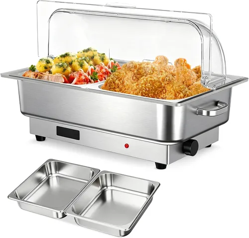 Vista 8 de Garvee Juego de bufé de platos de roce eléctrico, calentador de alimentos de 9 cuartos de galón con tapa de policarbonato transparente, con 1 sartén