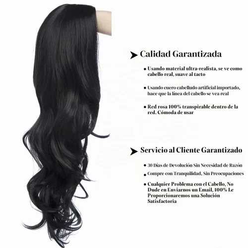 Vista 2 de Pelucas largas rizadas onduladas negras para mujer, parte lateral, aspecto natural, sintética, para cosplay, resistente al calor, peluca de repuesto