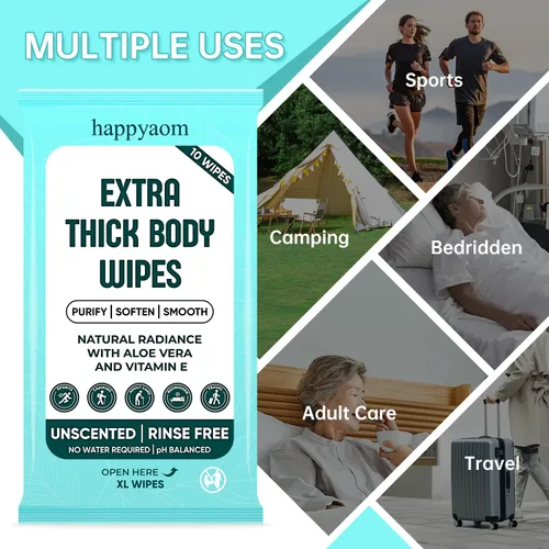 Vista 2 de Toallitas corporales de ducha XL (paquete de 10) – 100 toallitas ultra gruesas de aloe vera para mujeres, hombres y ancianos – Baño para adultos