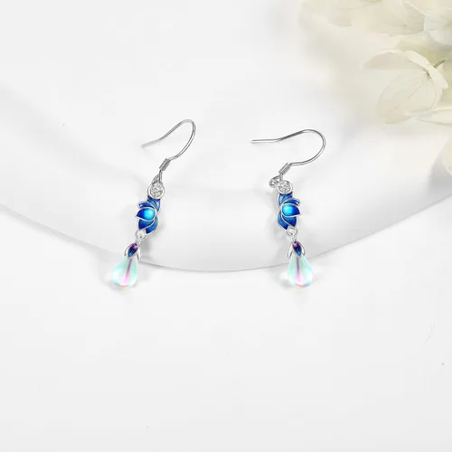 Vista 4 de Pendientes de loto de plata de ley 925 con piedra lunar de loto, aretes colgantes de gota de loto para mujer, regalos, Plata de ley