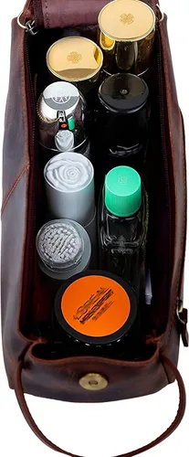 Vista 9 de Kit de viaje de cuero Dopp Neceser Hombre Afeitado Mujeres y Hombres Caso Bolsas Organizador Baño Kit de Afeitar