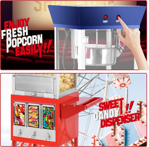 Vista 4 de Máquina para hacer palomitas de maíz, 8 onzas, estilo teatro, portátil, portátil, con tres dispensadores de caramelos y granos de almacenamiento