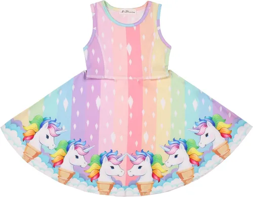 Vista 5 de LaBeca - Vestido sin mangas o de manga larga para niñas, vestidos informales con diseño de unicornio o sirena para niñas pequeñas o grandes