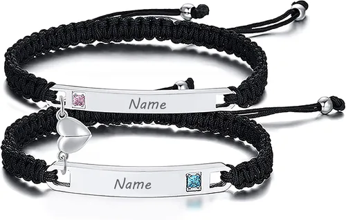 Vista 13 de TempBeau Pulsera para Pareja - Pulsera de Identificación Personalizada con Grabado Personalizado, Pulsera de Cuerda Trenzada para Él y Ella